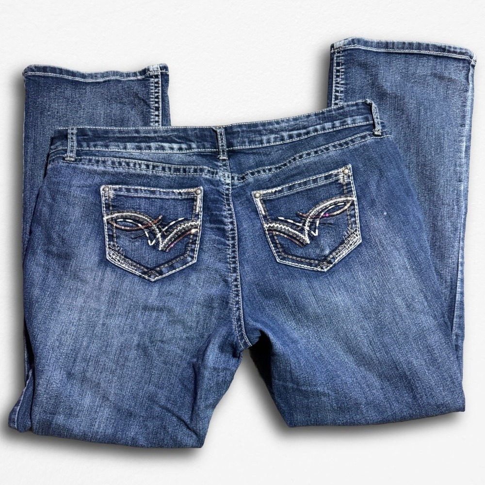 Zanadi Womens 18 Bootcut Jeans Medium Wash Embroidered Sequin Back Pockets Denim